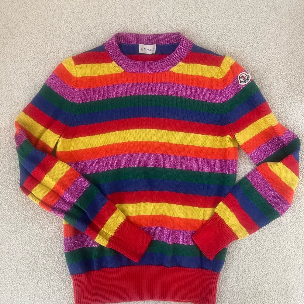 Moncler Multicolor Rainbow Striped Crewneck Sweater w/ metallic XS $480